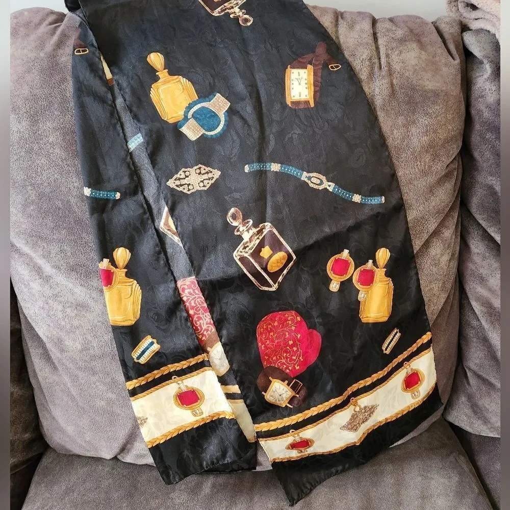 Liz Claiborne Black Scarf with Gold and Red Details Vintage Silky Scarf